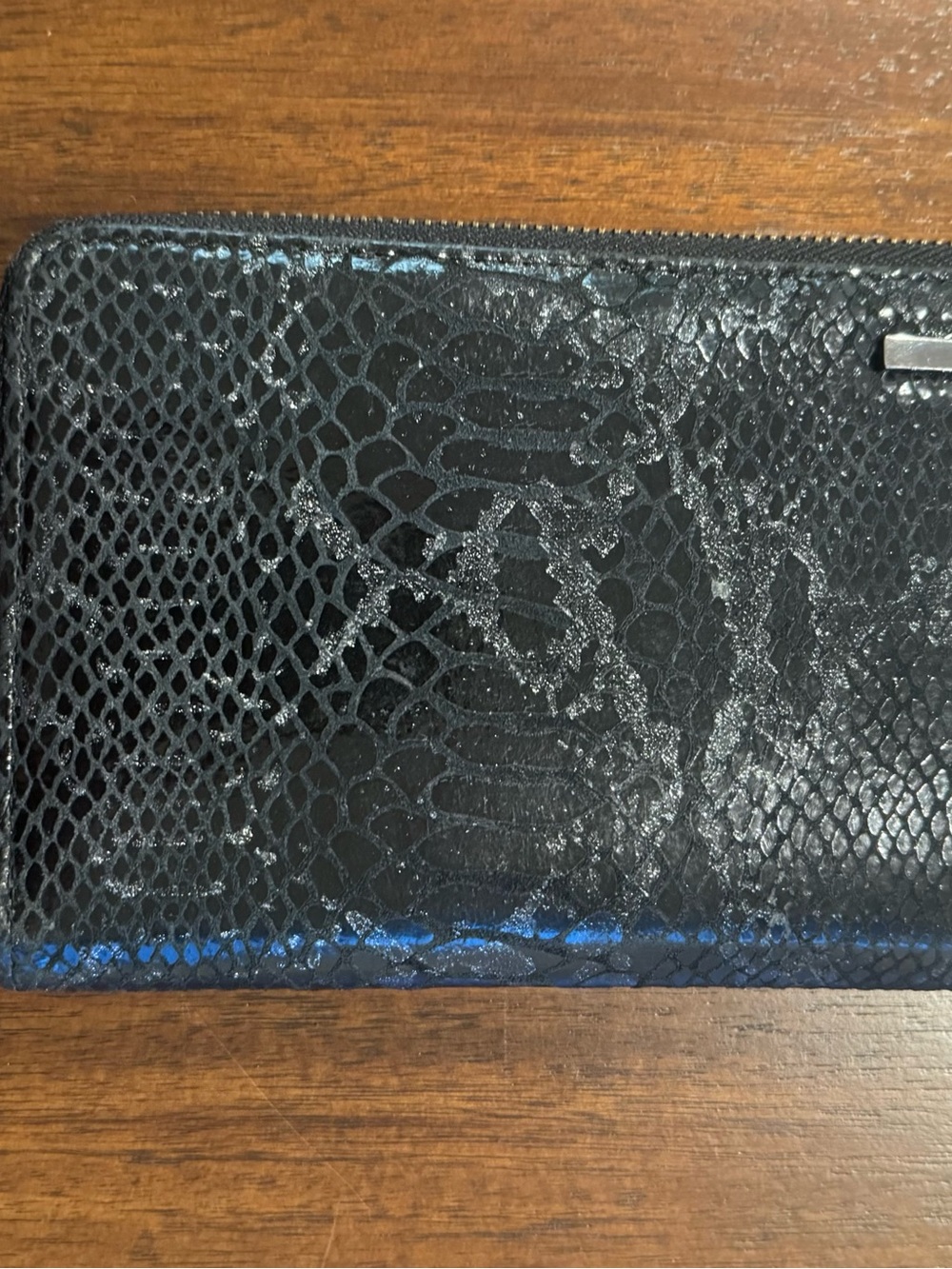 Kenneth Cole New York Black Snake Embossed Leather Zip Around Wallet Clutch